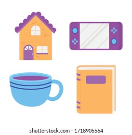 home console game coffee cup and book icons isolated design vector illustration