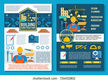 Home constru tion and house building planning poster or brochure template. Vector flat design of engineering and interior designing work tools, engineer builder with ruler, pencil or plan at brickwork