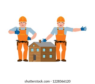 Home construction. Big builders and Small house. Construction team and building