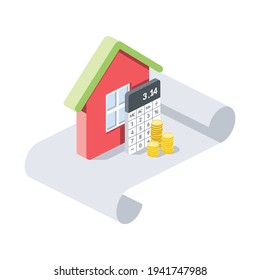 Home construction calculator. Vector 3d symbol, isometric, color web icons, new flat style. Creative design idea, concept for infographics.