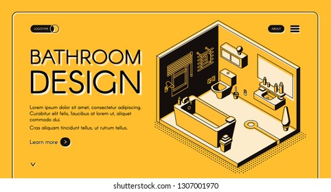 Home construction company, interior design atelier, plumbing shop isometric vector web banner or landing page template. Modern compact combined bathroom cross section interior line art illustration