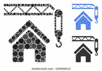 Home construction composition of circle elements in variable sizes and color tinges, based on home construction icon. Vector circle elements are combined into blue illustration.