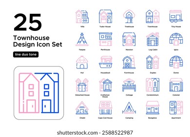 Home Construction and House Variations. Real Estate Trends, Property Investment, and Housing. Vector Illustration. Oultine duo tone icon set