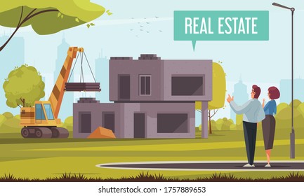 Home construction mortgage credit family composition with outdoor scenery and view of construction site with couple vector illustration