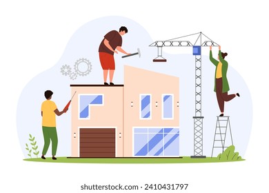 Home construction and renovation. Engineers and workers construct small city building, people with equipment, materials and crane build or repair house on construction site cartoon vector illustration