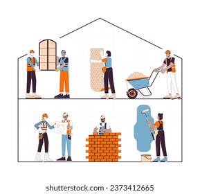 Home construction site 2D linear illustration concept. Diverse building contractors cartoon characters isolated on white. Installers, builders hardhat metaphor abstract flat vector outline graphic