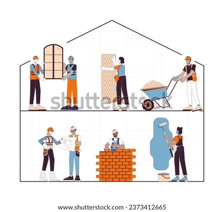 Home construction site 2D linear illustration concept. Diverse building contractors cartoon characters isolated on white. Installers, builders hardhat metaphor abstract flat vector outline graphic
