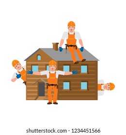Home construction. Small builders and house. Construction team and building