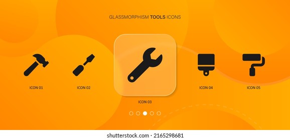 Home construction tools icon set. Hammer, screwdriver, wrench, brush, and roller symbols in neumorphism style. Vector EPS 10