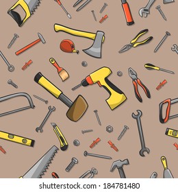 Home construction tools on a seamless brown pattern background vector illustration