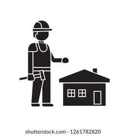 Home construction worker black vector concept icon. Home construction worker flat illustration, sign