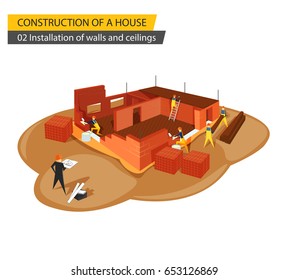 Home construction,. Workers build walls of brick, vector illustration
