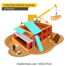 Home construction. Workers are engaged in roofing, vector illustration