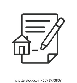 Home contract, icon in line design. Home contract, agreement, home purchase, real estate, house deal, legal, contract signing on white background vector. Home contract editable stroke icon