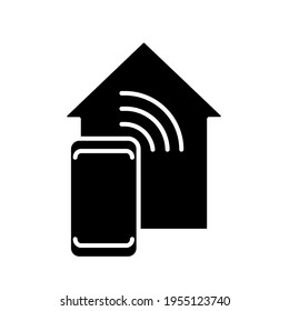 Home control by phone glyph icon. Smart house. Thin line customizable illustration. Contour symbol. Vector isolated outline drawing.