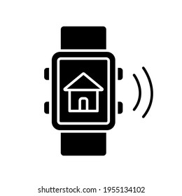 Control residencial mediante el icono de glifo de reloj inteligente. Casa inteligente. Ilustración personalizable de línea delgada. Símbolo de contorno. Dibujo de contorno aislado del vector.