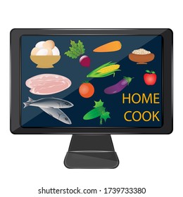 Home Cook - Online Training, Computer, Products, Vegetables, Meat, Fish, Eggs - Isolated On White Background - Vector. Housekeeping. Lifestyle.