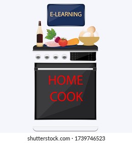 Home Cook - Online Training, Gas Stove, Products, Vegetables, Meat, Eggs, Wine - Isolated On White Background - Vector. Housekeeping. Lifestyle.