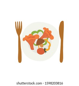 Home cooked dinner meal. Oyster mushrooms and vegetables on a plate. Hand drawn kitchen vector illustration 