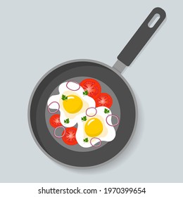 Home cooked food, fried eggs with tomatoes, parsley and onion in frying pan. Healthy breakfast, home cooking breakfast in café. Vector illustration.

