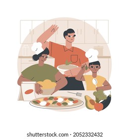 Ilustración vectorial de concepto abstracto de cocina casera. Cocine en casa, recetas de comida fácil en línea, actividad en el tiempo familiar, comida tradicional casera, programa de cocina en televisión, hábito saludable de comer metáfora abstracta.