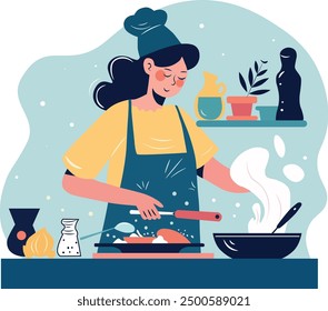 Home cooking abstract concept vector illustration. Cook at home, online easy food recipes, family time activity, homemade traditional meal, cooking TV show, healthy eating habit abstract metaphor.