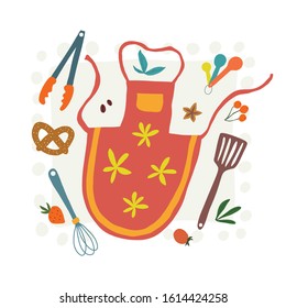 Home cooking and baking ingredients and essentials. Kitchen cooking print. Vector illustration. Isolated on white background  