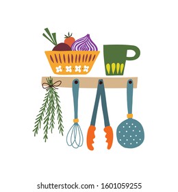 Home cooking and baking tools, ingredients, and essentials composition. Kitchen cooking print. Vector illustration. Isolated on white background  