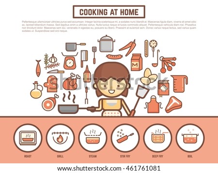 home cooking banner background. cute outline cartoon character style