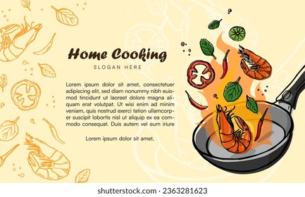 Home Cooking Banner. Shrimp and vegetables fried on pan. Use for restaurant menu design or Banner Website. Vector  illustration design