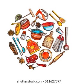 Home cooking circle composition with isolated cartoon style elements of home kitchen equipment on blank background vector illustration