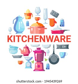 Composición del círculo de cocina casera con utensilios de cocina aislados. Ilustración plana.