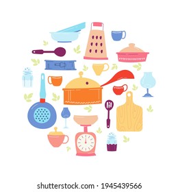Home cooking circle composition with kitchen utensils objects isolated. Illustration in a hand-drawn style.