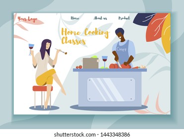 Home Cooking Classes Hobby Promotion Flat Landing Page. Happy Caucasian Woman Drinking Wine and Learning how Prepare Dishes. Afro American Chief Cutting Meat. Vector Cartoon Kitchen Illustration