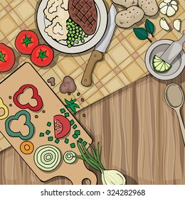 Home cooking concept, kitchen table top view, with various utensils and food produce, vegetables, vector illustration