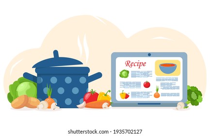 Home cooking concept. Set of cooking soup. Pan with soup, laptop with a recipe site, vegetables, ingredients for soup. Recipes, homemade food, food preparation, learning concept. Vector illustration 