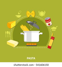 Home cooking concept with spaghetti macaroni pasta butter cheese can and pot isolated vector illustration