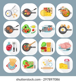 Home cooking day menu flat icons set with vegetables cheese and meat dishes abstract isolated vector illustration