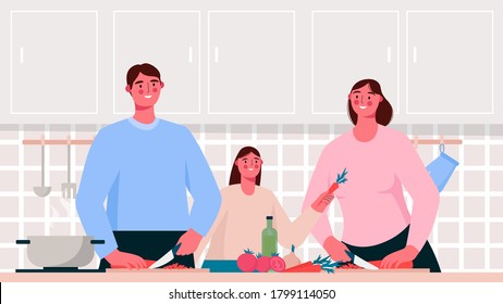 Home cooking. Family cooking healthy or vegetarian meal on table in the kitchen. Mother, father and kid cooking together. Parent teach daughter to cooking food. Flat cartoon vector illustration.