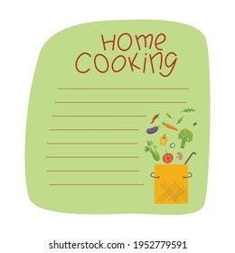 Home cooking hand written sign on notebook sheet with fresh vegetables and pan. Vector stock illustration isolated on white background for web site online cooking course, class certificate, diploma.