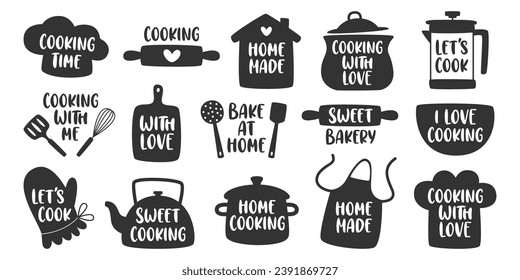 Home cooking, homemade, sweet bakery, with love kitchen logo symbols black-and-white set. Utensils, cook cap, house, pot, apron, spatula, ladle , wooden roll, whisk tags and text vector illustration