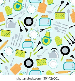 Home cooking kitchen accessories tools  gear and utensils decorative seamless wrap paper tileable pattern abstract vector illustration