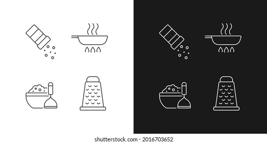 Home cooking linear icons set for dark and light mode. Sprinkle salt. Frying pan. Mash potato. Food preparation. Customizable thin line symbols. Isolated vector outline illustrations. Editable stroke