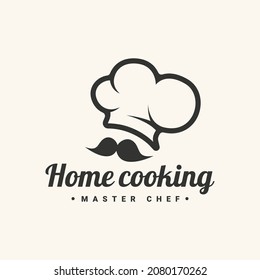 Home Cooking logo with chef hat and mustache. Vector illustration logotype for restaurant.