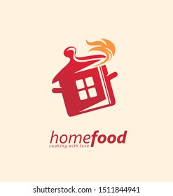 Home cooking logo design idea. Red pot with flames and window in negative space logo template. Vector logo for restaurant or catering service. 
