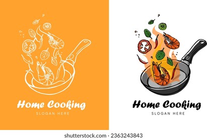 Home Cooking logo. Shrimp and vegetables fried on pan. Emblem for restaurant menu design. Logo Vector  illustration design