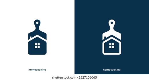 Home Cooking Logo. Simple Cutting Board and Home with Minimalist Style. Home Kitchen Logo, Icon, Symbol, Vector, Design Inspiration.