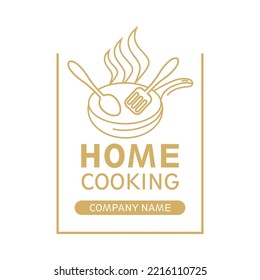 Logotipo de cocina casera con cuchara y utensilios de cocina completos de fondo blanco, en un bonito color marrón
