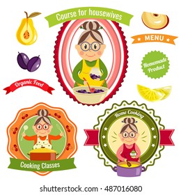 Home cooking logos with housewife and cookware fruit and berries ribbons and stars isolated vector illustration