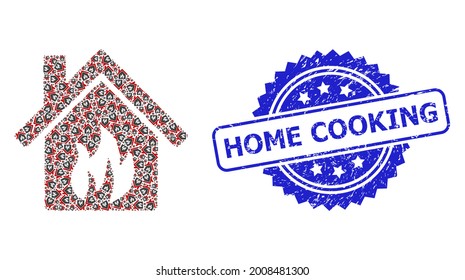 Home Cooking rubber seal and vector fractal collage kitchen building. Blue stamp seal contains Home Cooking tag inside rosette.
